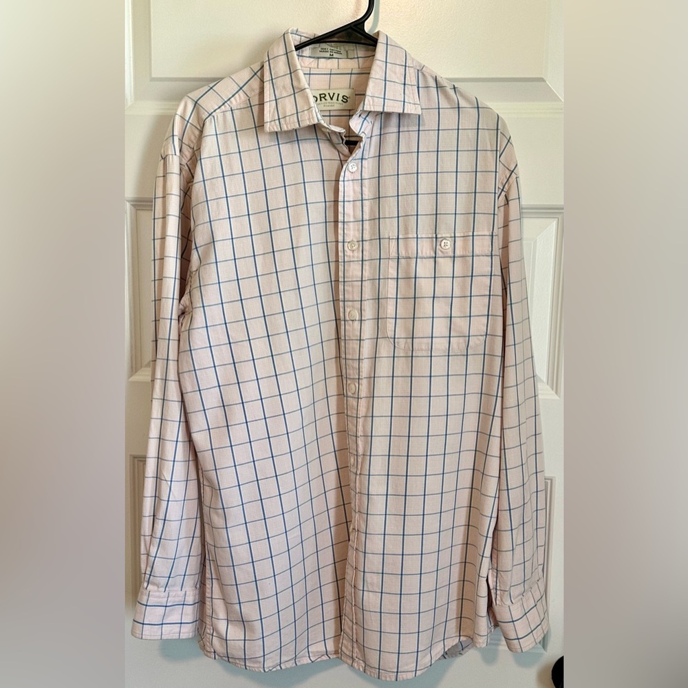 Orvis Men's Button Front Long Sleeve Pink and Blue Plaid Dress Shirt Size M